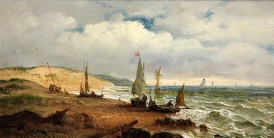 John Moore of Ipswich (1824-1908) Fishing boats along the coast, 5.25 x 10in.